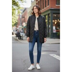 Banana Republic Quilted Coat Women's M Black Long Jacket Lightweight Zip